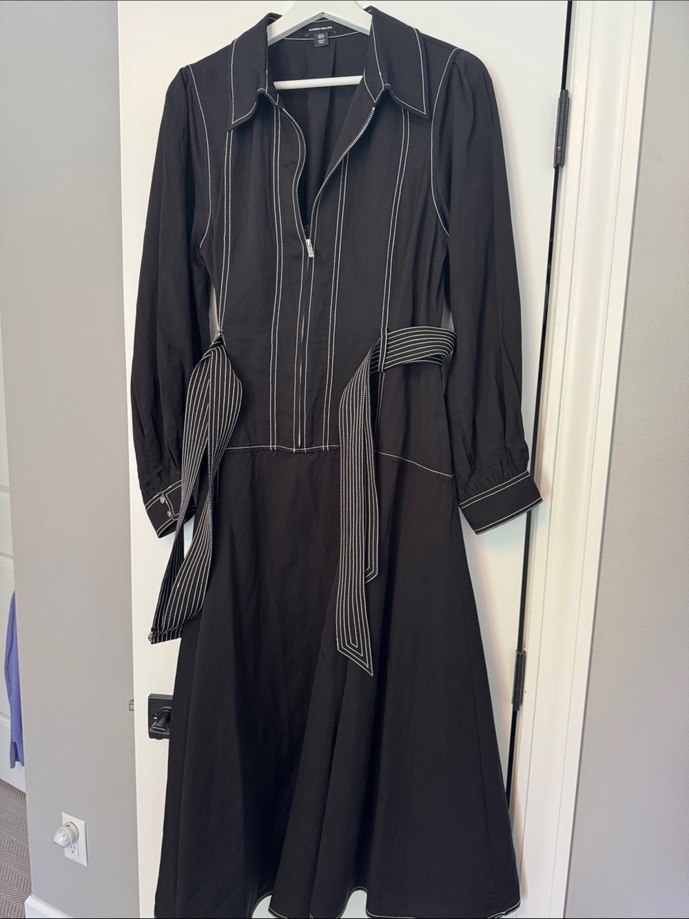 Karen Millen Black Long-Sleeve Shirt Dress with contrast stitch trim